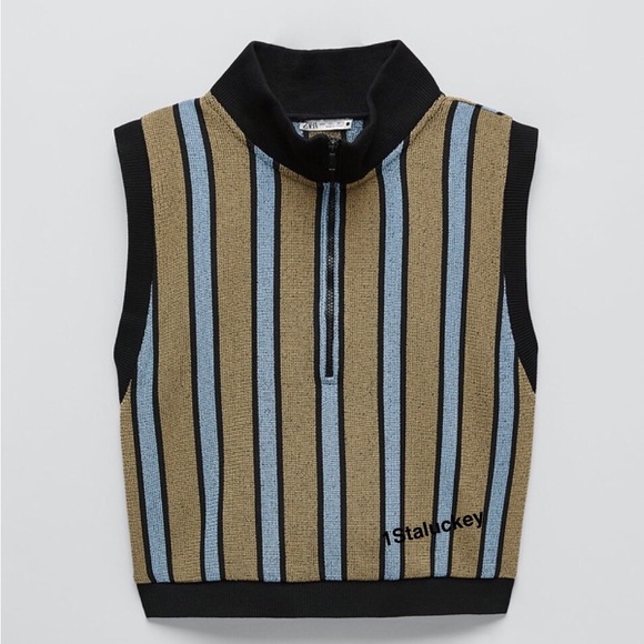Zara Sleeveless Zip Neck Sweater Vest - Black, Tan & Light Blue sz Medium - Picture 2 of 9